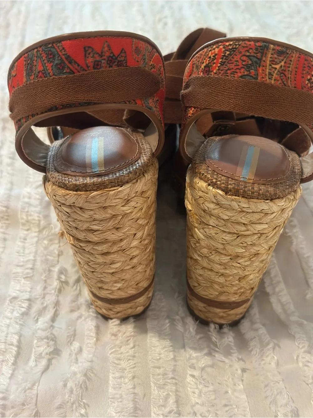 Sam Edelman Brown Ankle-Tie Wedge Sandals with Red Patterned Straps